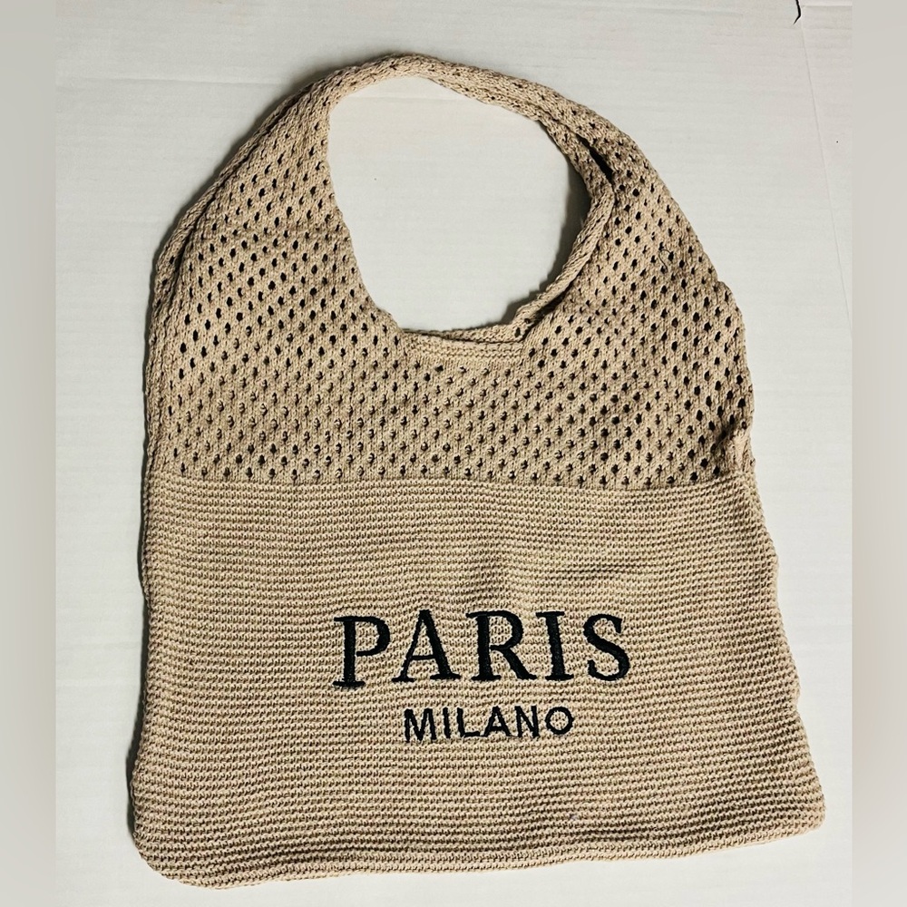 NWOT European style knit tote bag with “PARIS” and “MILANO” embroidered in black